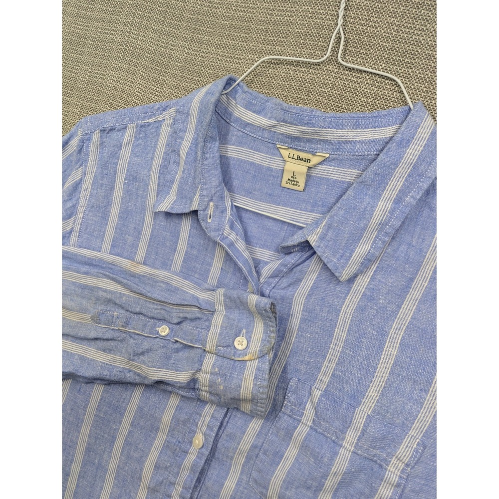 L.L. Bean Shirt Mens Large Blue Stripe Linen Long Sleeve Button Up Casual Summer